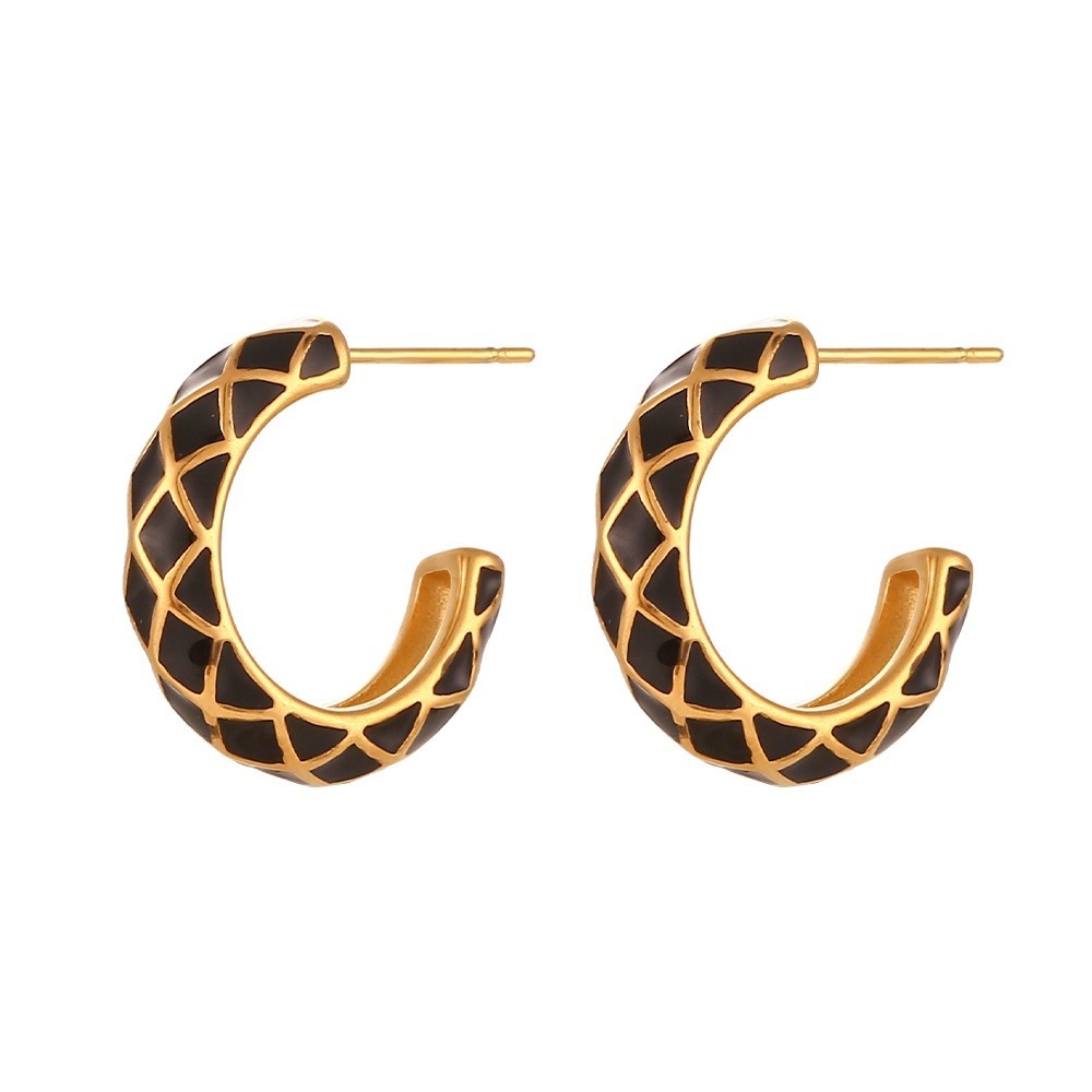 Black Geometric Pattern Hoop Earrings 18K Gold‎ Plated Stainless